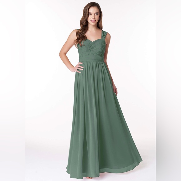 Azazie Dresses & Skirts - AZAZIE NWT Zapheira A-Line Ruched Chiffon Pockets Long Dress Eucalyptus Green 8